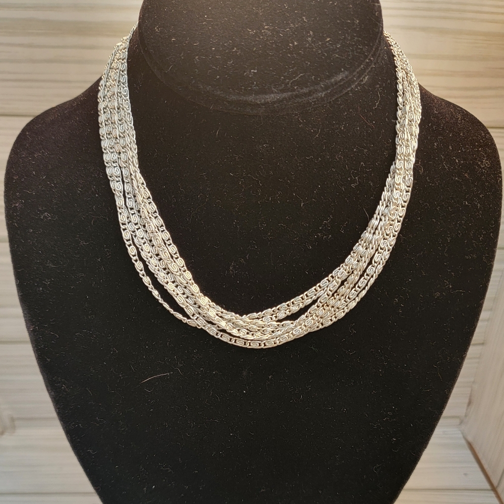 Vintage Celebrity 7 Strand Silver Tone Scroll Chain Bib Necklace